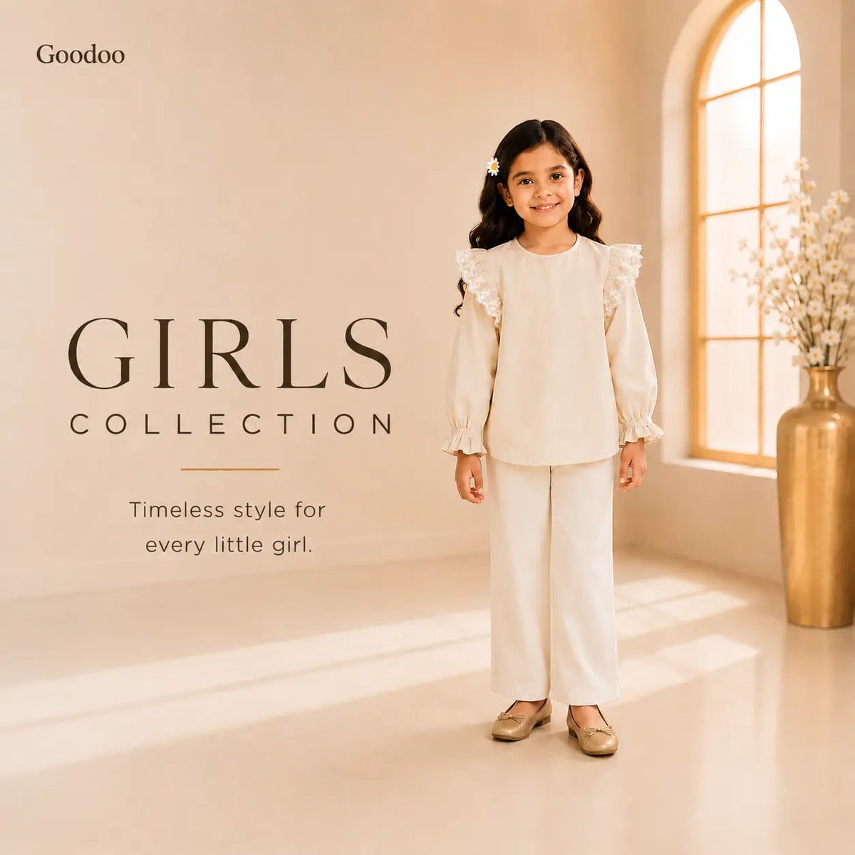 Girls clothing banner showcasing two-piece suit outfit by Goodoo