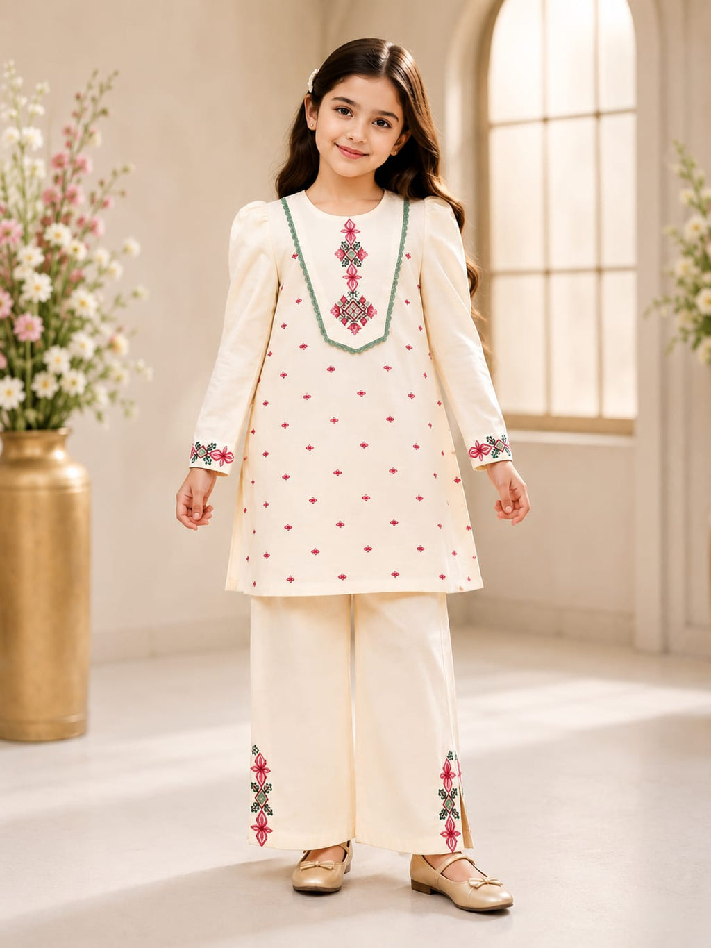 Girl wearing Goodoo ivory embroidered 2-piece suit