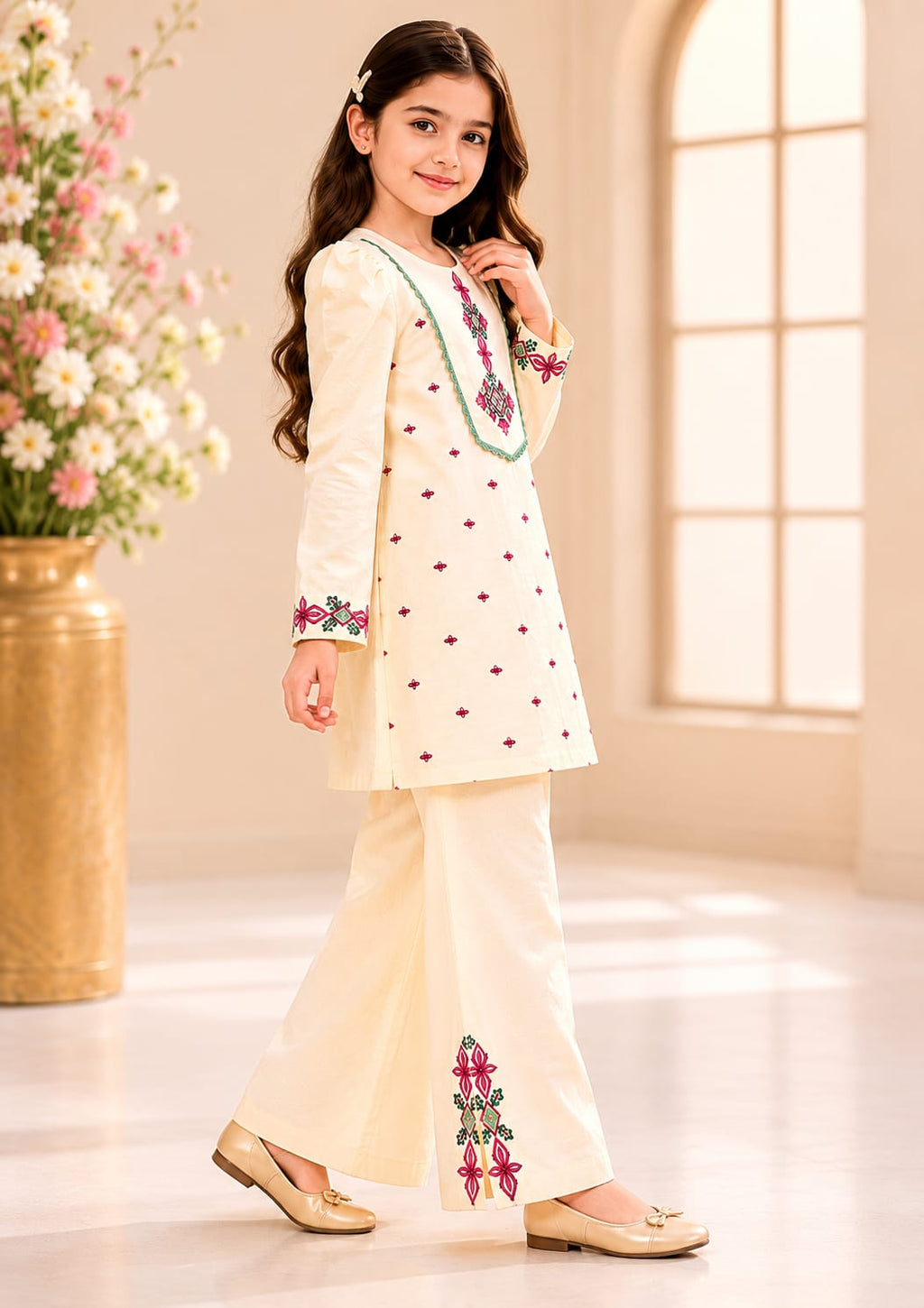 side view Girl wearing Goodoo ivory embroidered 2-piece suit