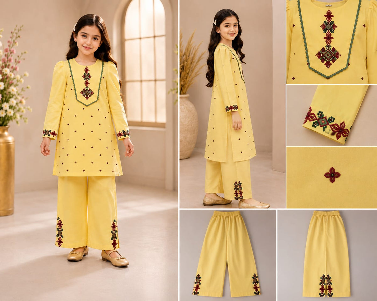 Girl wearing Goodoo mustard yellow embroidered 2-piece suit