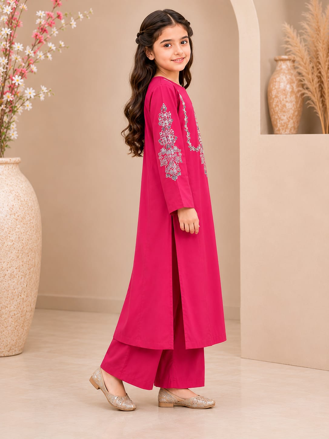 Girls Ruby Pink Embroidered 2-Piece Suit