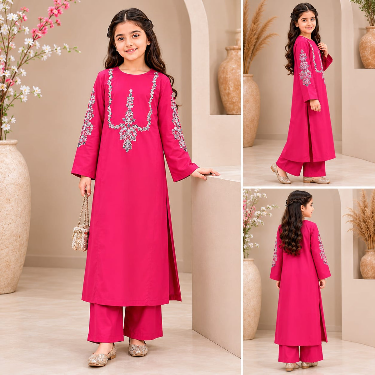 Girls Ruby Pink Embroidered 2-Piece Suit