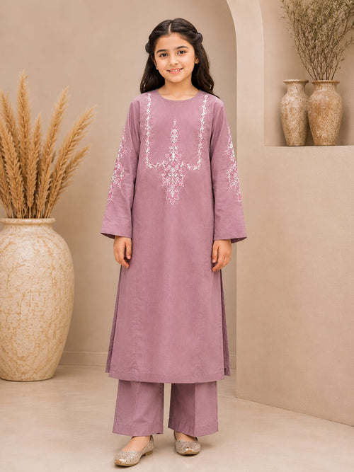 Girl wearing Goodoo dusty mauve embroidered 2-piece lawn suit