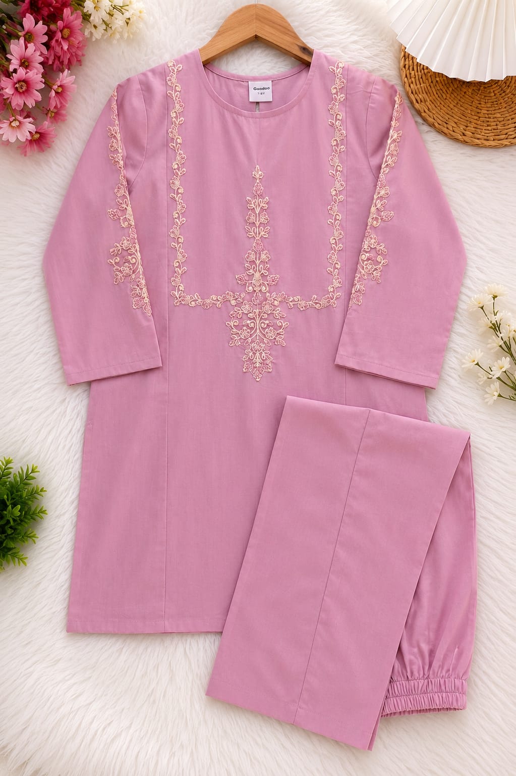 Side view of Goodoo girls lilac embroidered 2-piece suit