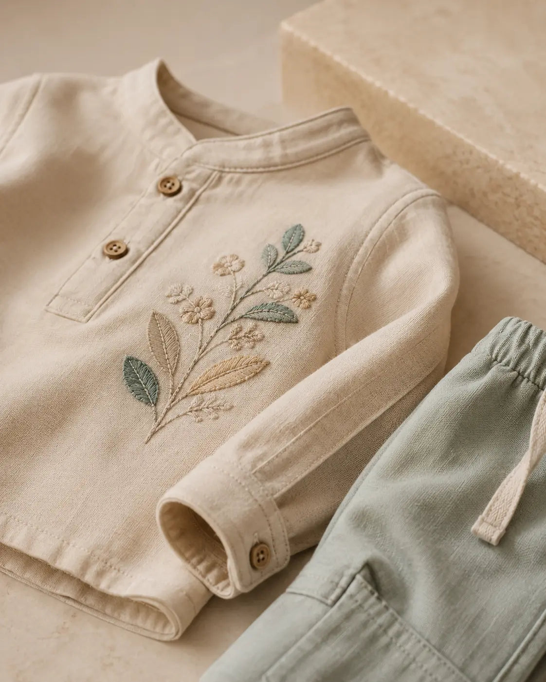 Close-up of premium embroidered floral detail on Goodoo kids clothing