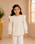 Front view of girl wearing Goodoo ivory lace ruffle top