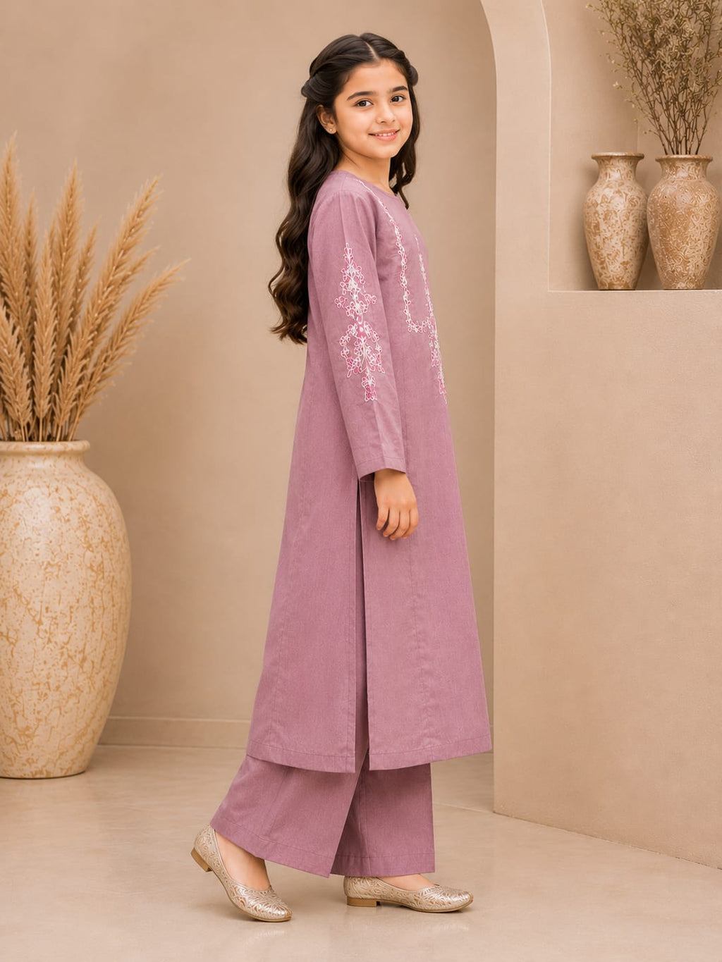Goodoo Kids Girls Mauve Embroidered 2 Piece Kurta Trouser Suit Side View