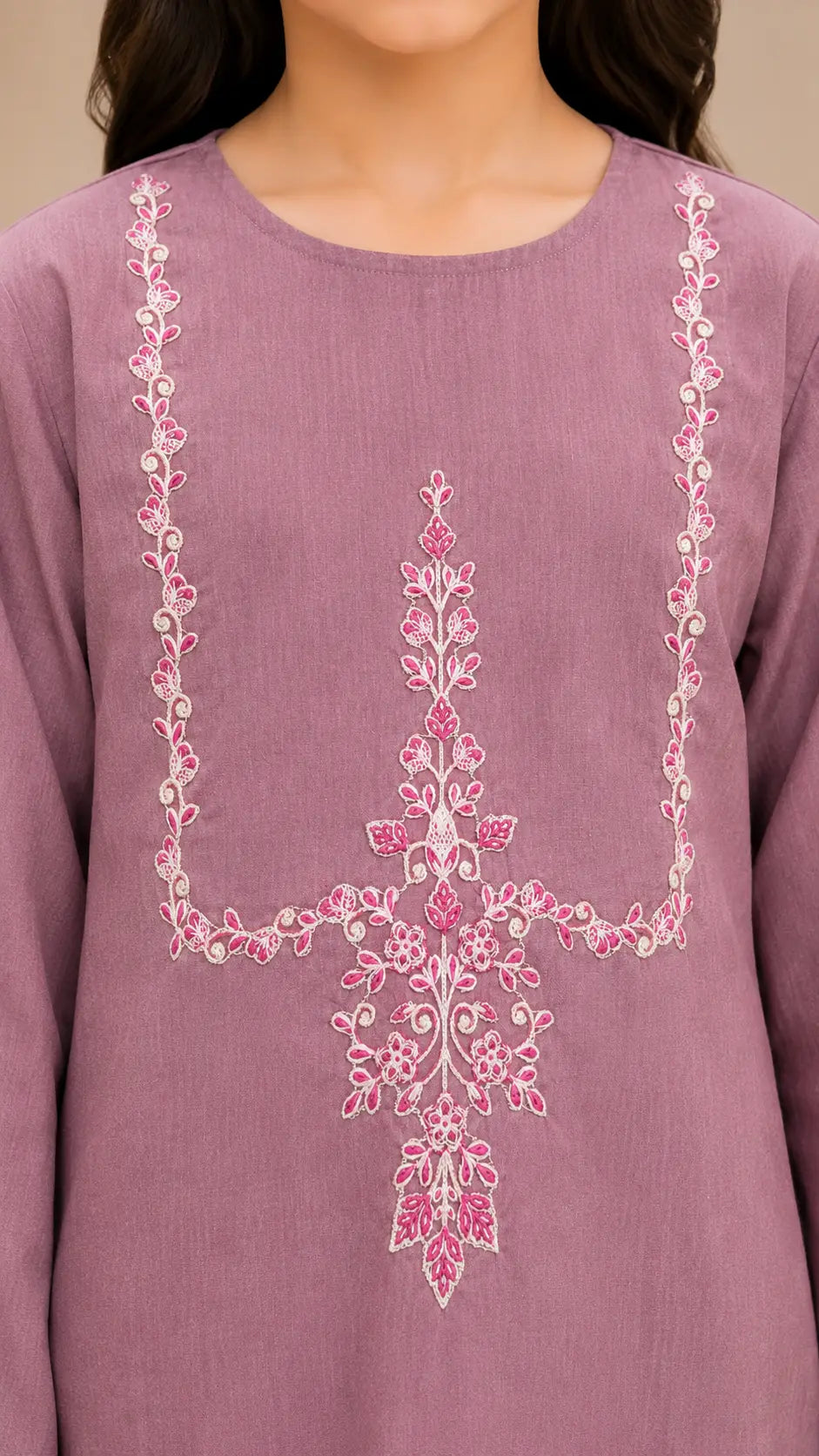 Goodoo Kids Girls Mauve Embroidered Cotton Suit Front Neckline Detail