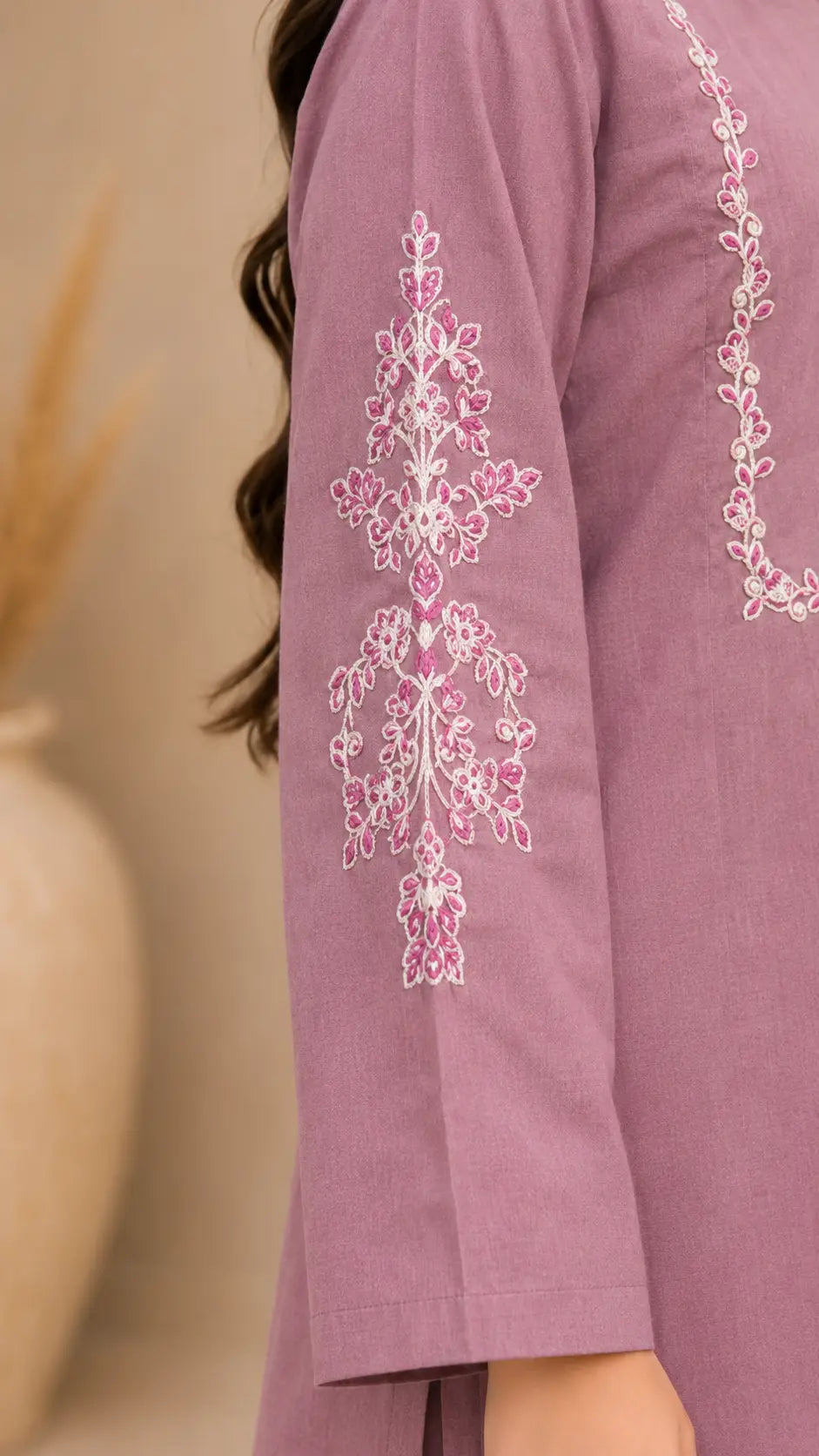Goodoo Kids Girls Mauve Lawn Suit Intricate Sleeve Embroidery Close Up