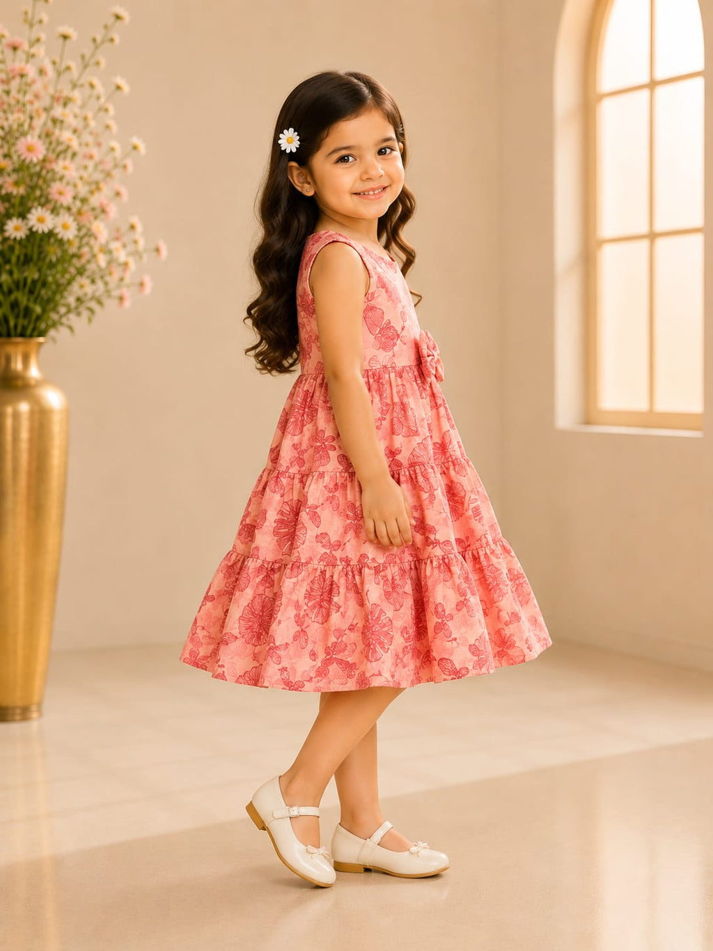 Side view of girl wearing Goodoo peach pink floral tiered frock with bow detail