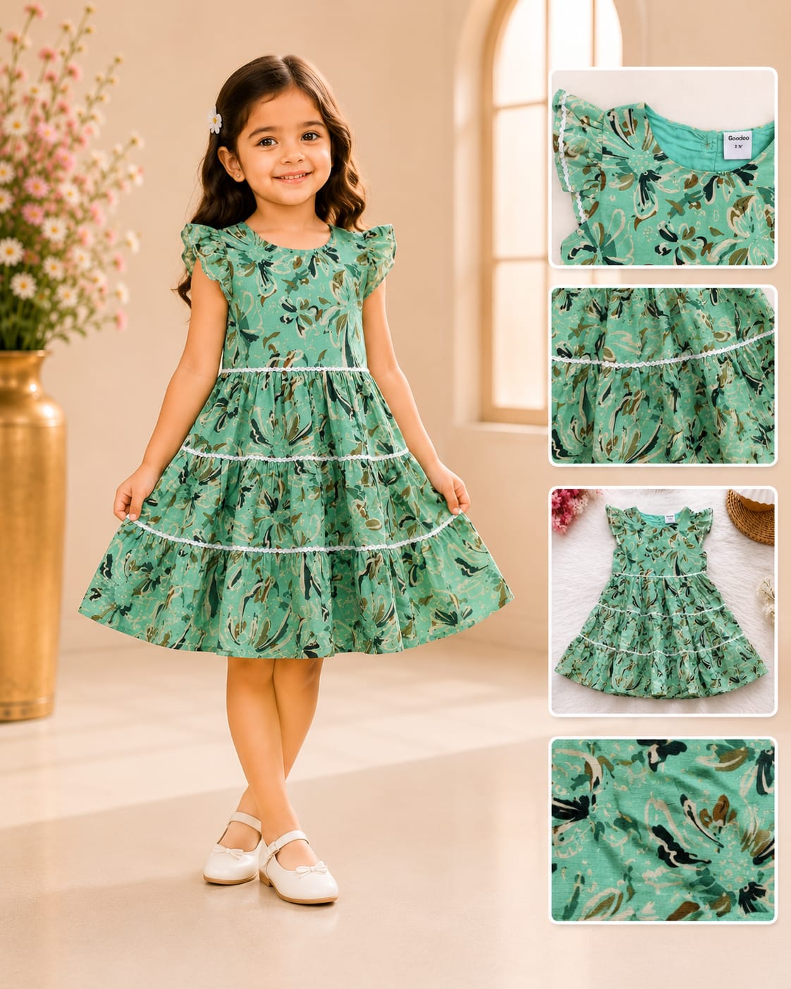 Close-up details of Goodoo mint green floral tiered frock