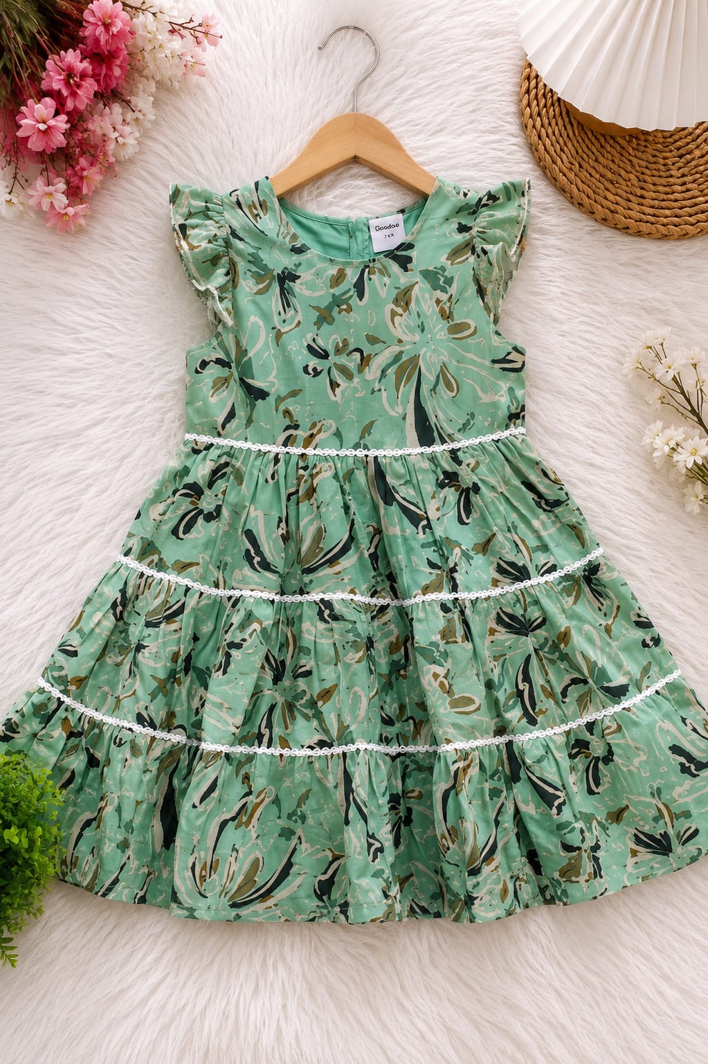 Goodoo mint green floral tiered frock with white lace detail