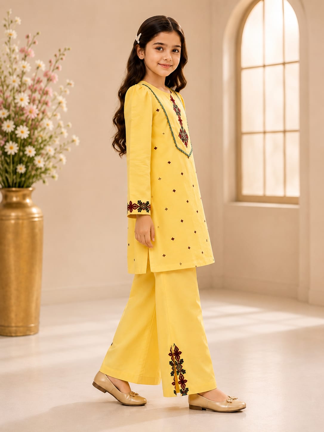 Girl wearing Goodoo mustard yellow embroidered 2-piece suit