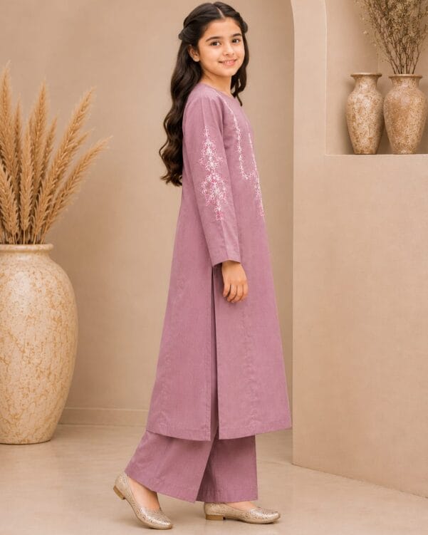 Girls Embroidered Dusty Pink Suit (2-Piece)