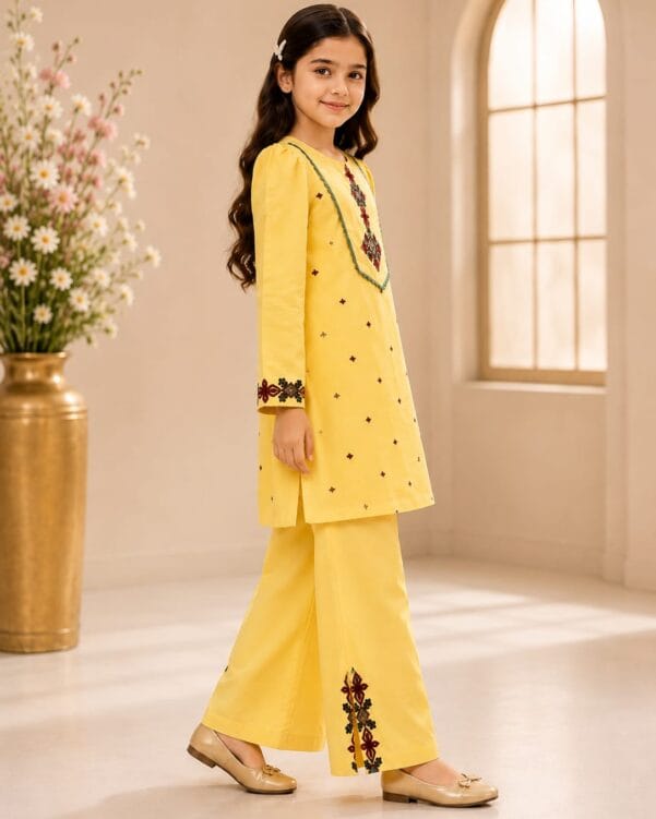 Girls Embroidered Lemon Yellow Suit