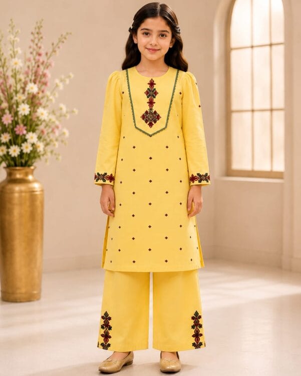Girls Embroidered Lemon Yellow Suit
