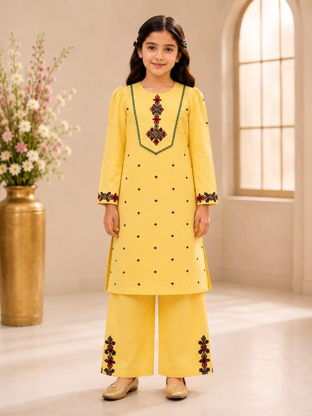 Girls Embroidered Lemon Yellow Suit (2-Piece)