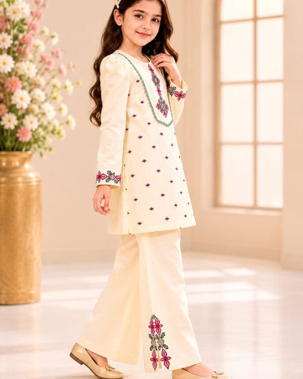 Girls Embroidered Off-White suit (2-Piece)