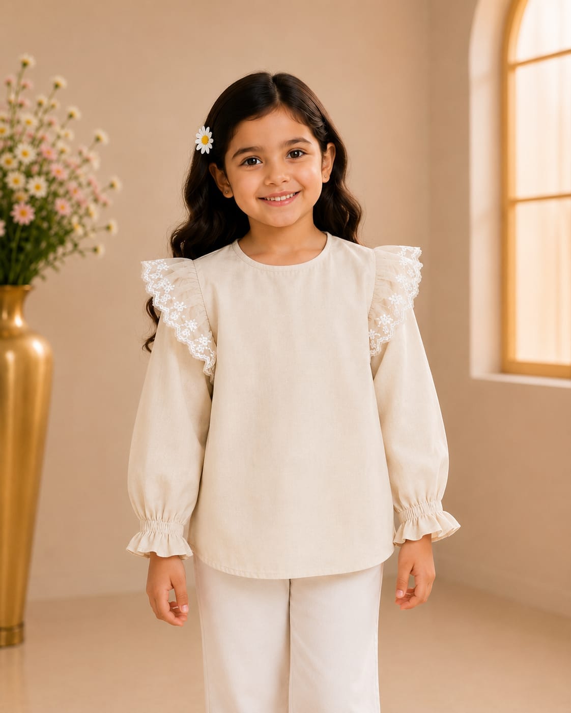 Girls Cream Lace Frill Top by Goodoo