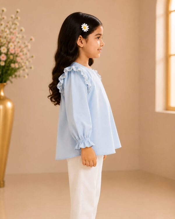 Girls Sky Blue Lace Frill Top