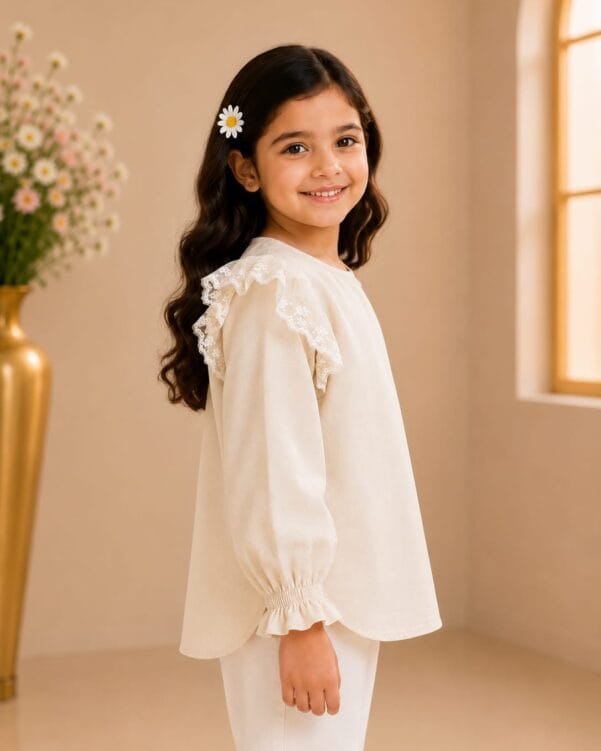 Girls Cream Lace Frill Top