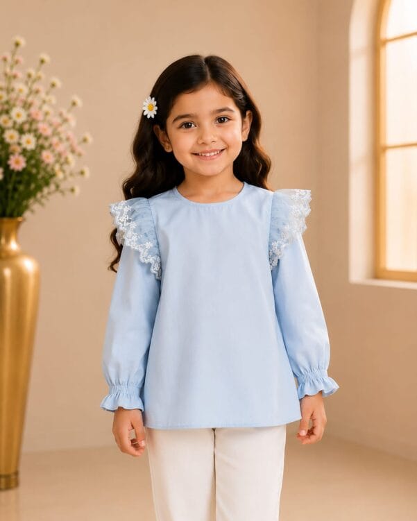 Girls Sky Blue Lace Frill Top
