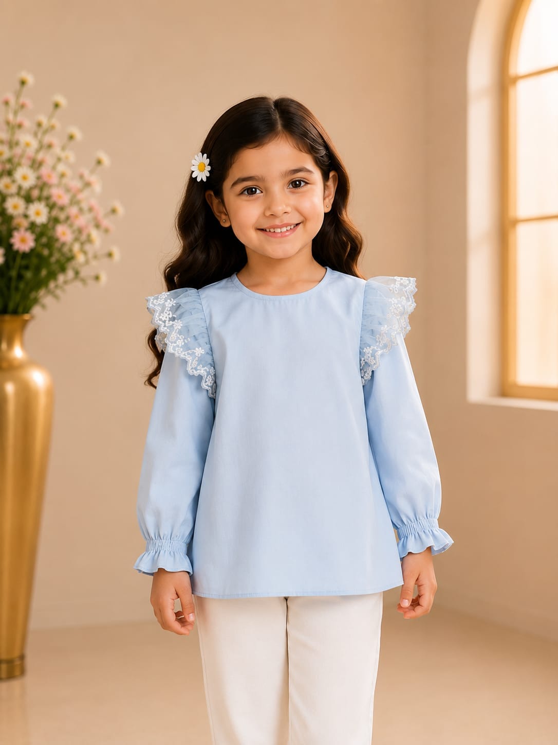 Girls Sky Blue Lace Frill Top by Goodoo