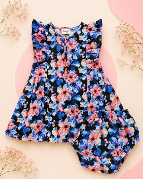 Baby Girls Blue Floral Frock Set (2-Piece)