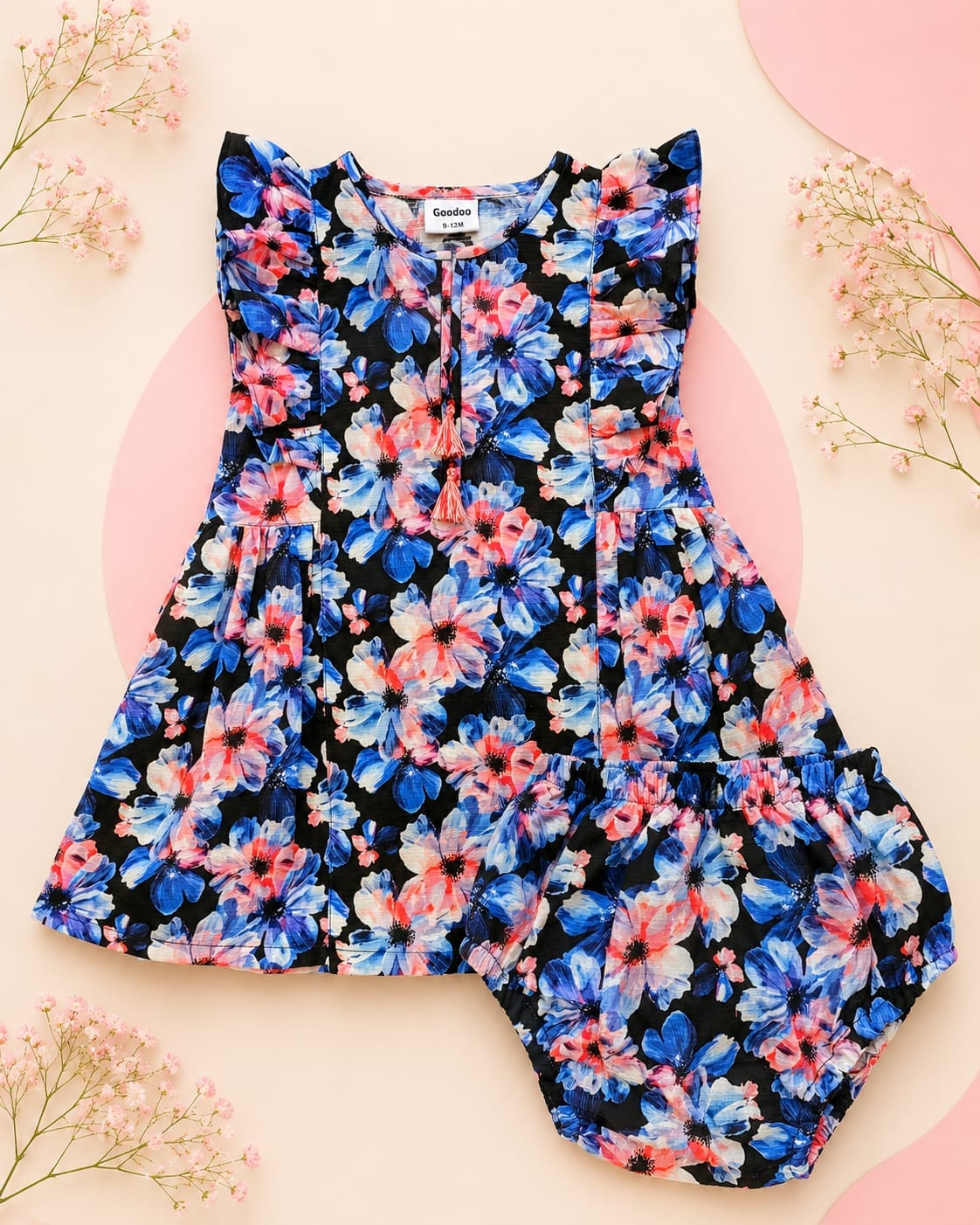 Baby Girls Blue Floral Frock Set with Matching Bloomer by Goodoo