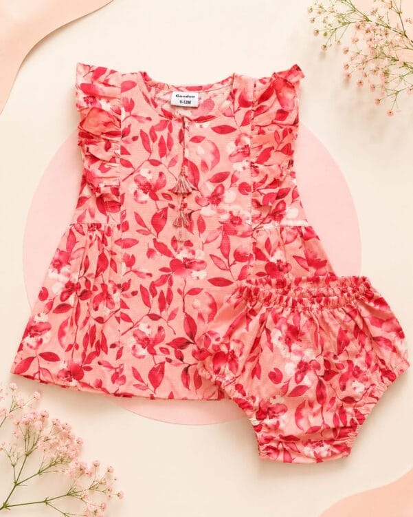 Baby Girls Pink Floral Frock Set (2-Piece)